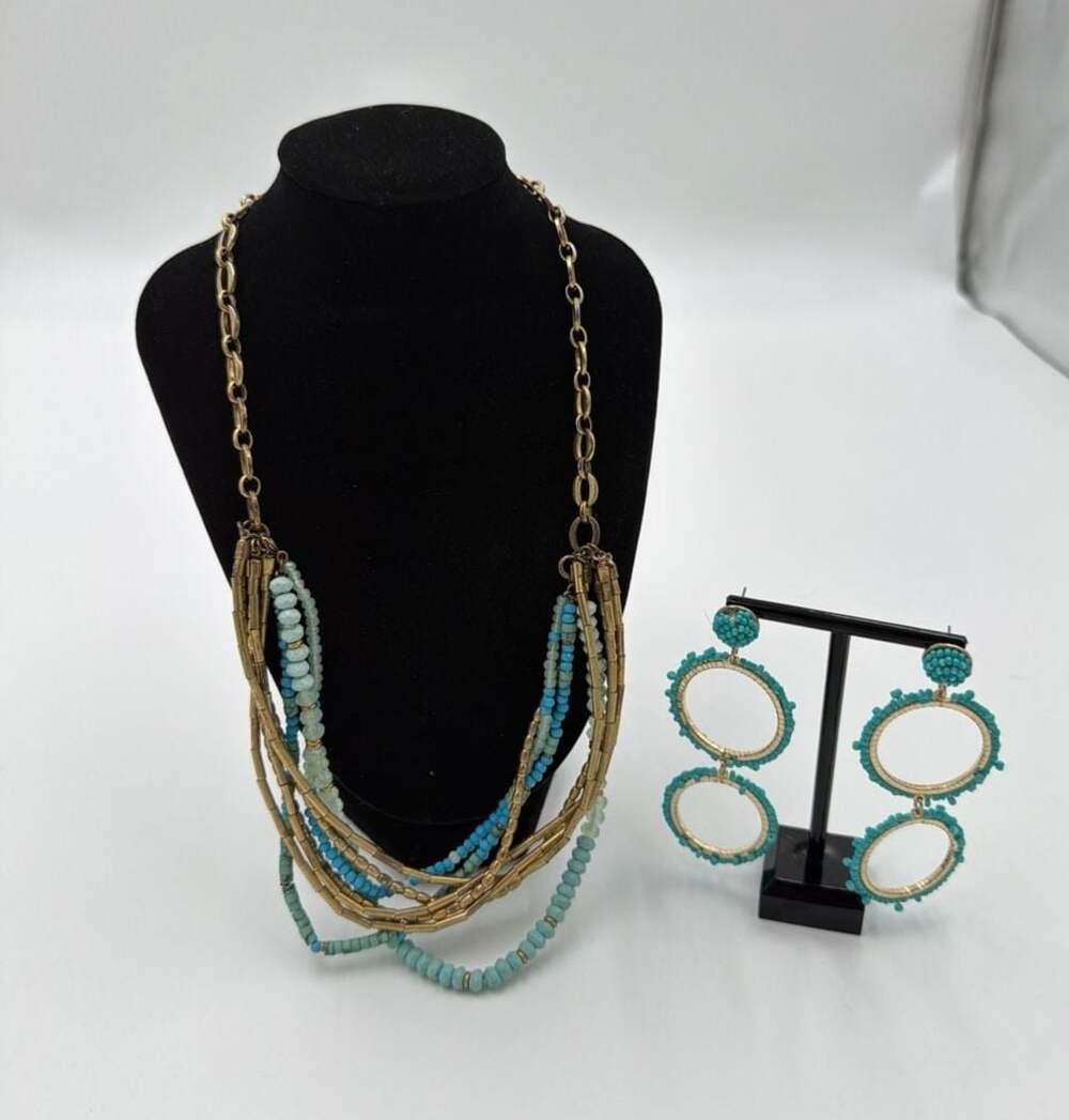 Stella & Dot Turquoise Beaded Layered Necklace Sugarfix Hoop Earrings Set Boho